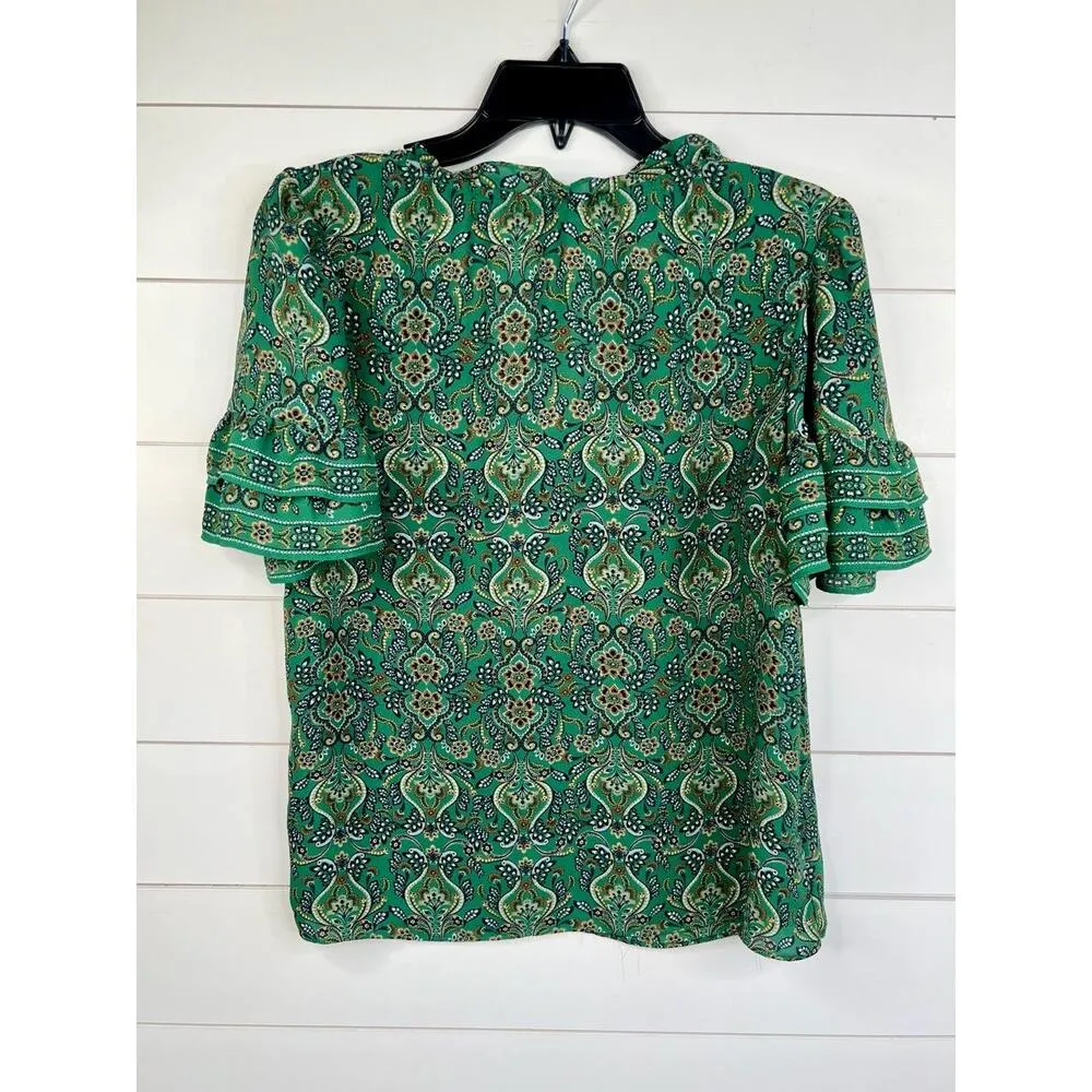 Max Studio Green  Peasant Blouse Ruffle Detail Patterned Short Sleeves Size M - Image 3