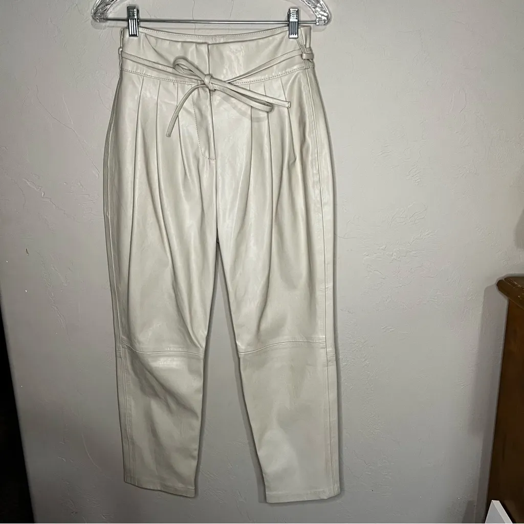 Blank NYC Cream Faux Vegan Leather High Rise Pleated Tapered Leg Ankle Pants - Image 2