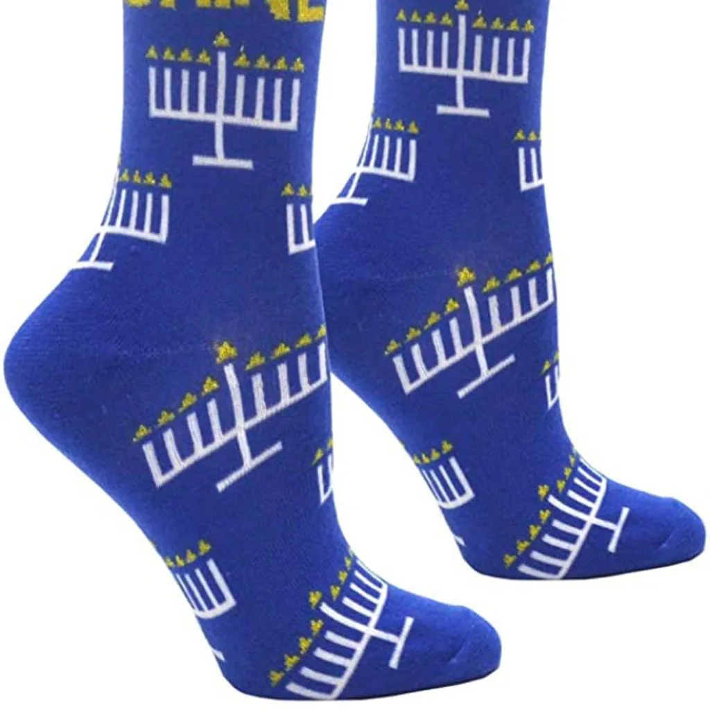 NWT‎ Happy Hanukkah Menorah Novelty Crew Socks Shoe 4 10 Jewish Holiday Gift Blue - Image 2