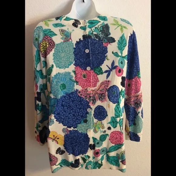 Talbots Floral Jewel Bright Sweater Soft Button Up Back M - Image 2