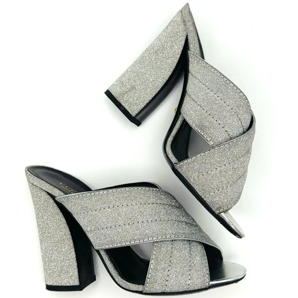 GUCCI Glitter Fabric Webby Crossover High Heel Slide Sandals in Argento 38.5 - Image 3