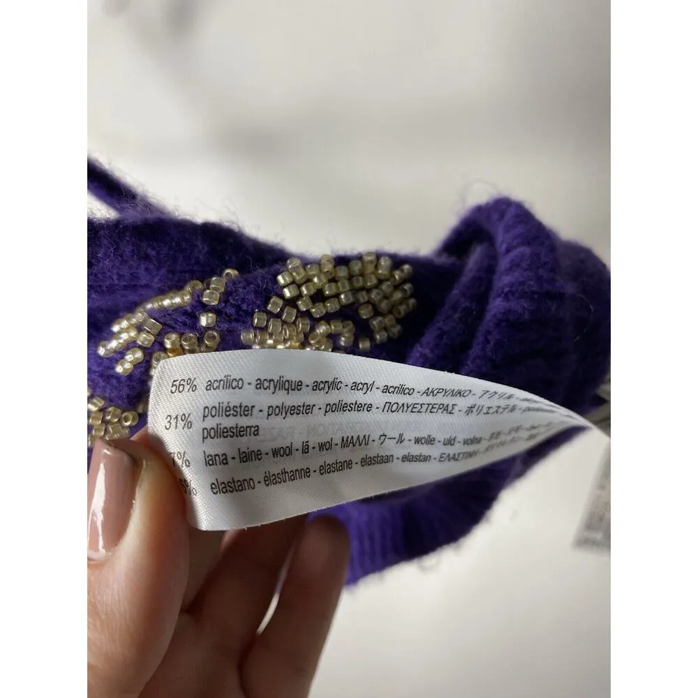 Zara Women's Medium Knit Purple Sweater Crop Tank Beaded Floral Boho Y2K 90s - Image 5