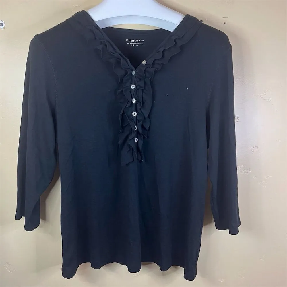 Charter Club Womens Size 2X Black Ruffle Long Sleeve Blouse Button Down Top - Image 4