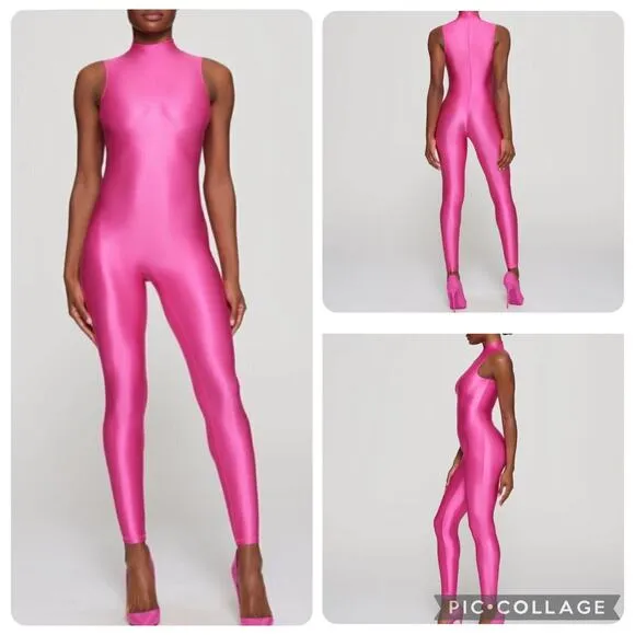 SKIMS Size 2X Shine Spandex Catsuit Jersey Mock Neck Sleeveless Catsuit Hot Pink - Image 2
