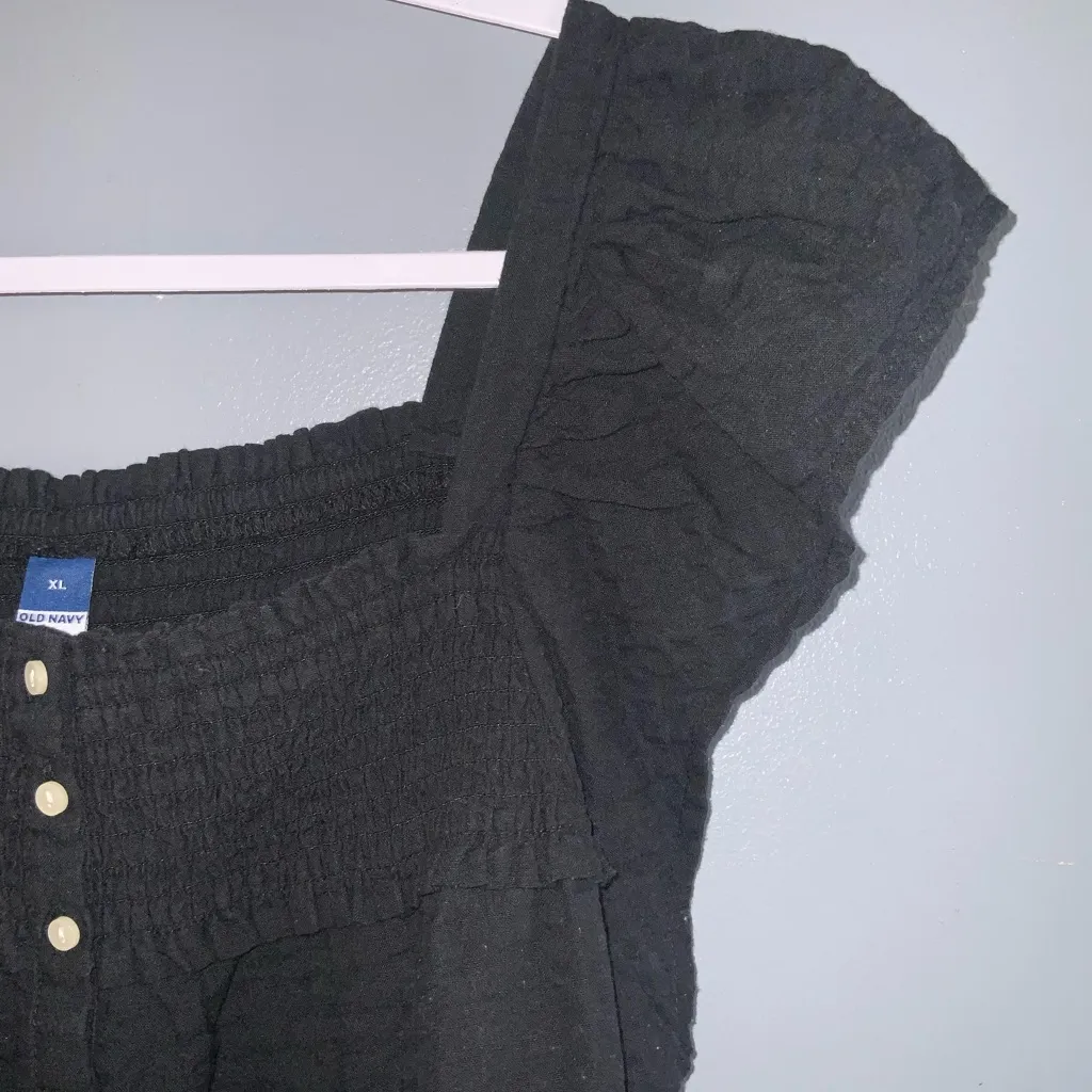 Old Navy Black Cotton Flutter-Sleeve Smocked Seersucker Swing Casual Blouse XL - Image 3