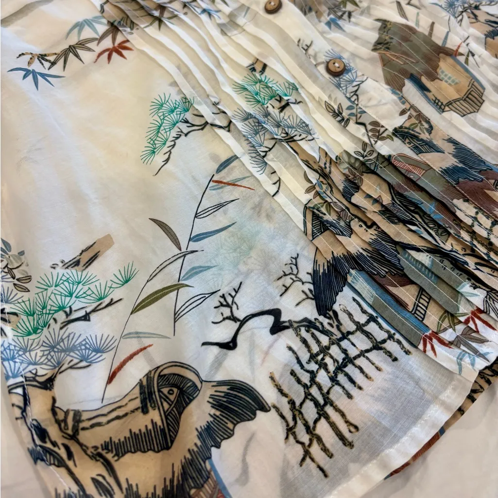 Citron Santa Monica Silk Cotton Tunic Top Blouse Asian Landscape Print Size S Tan - Image 7