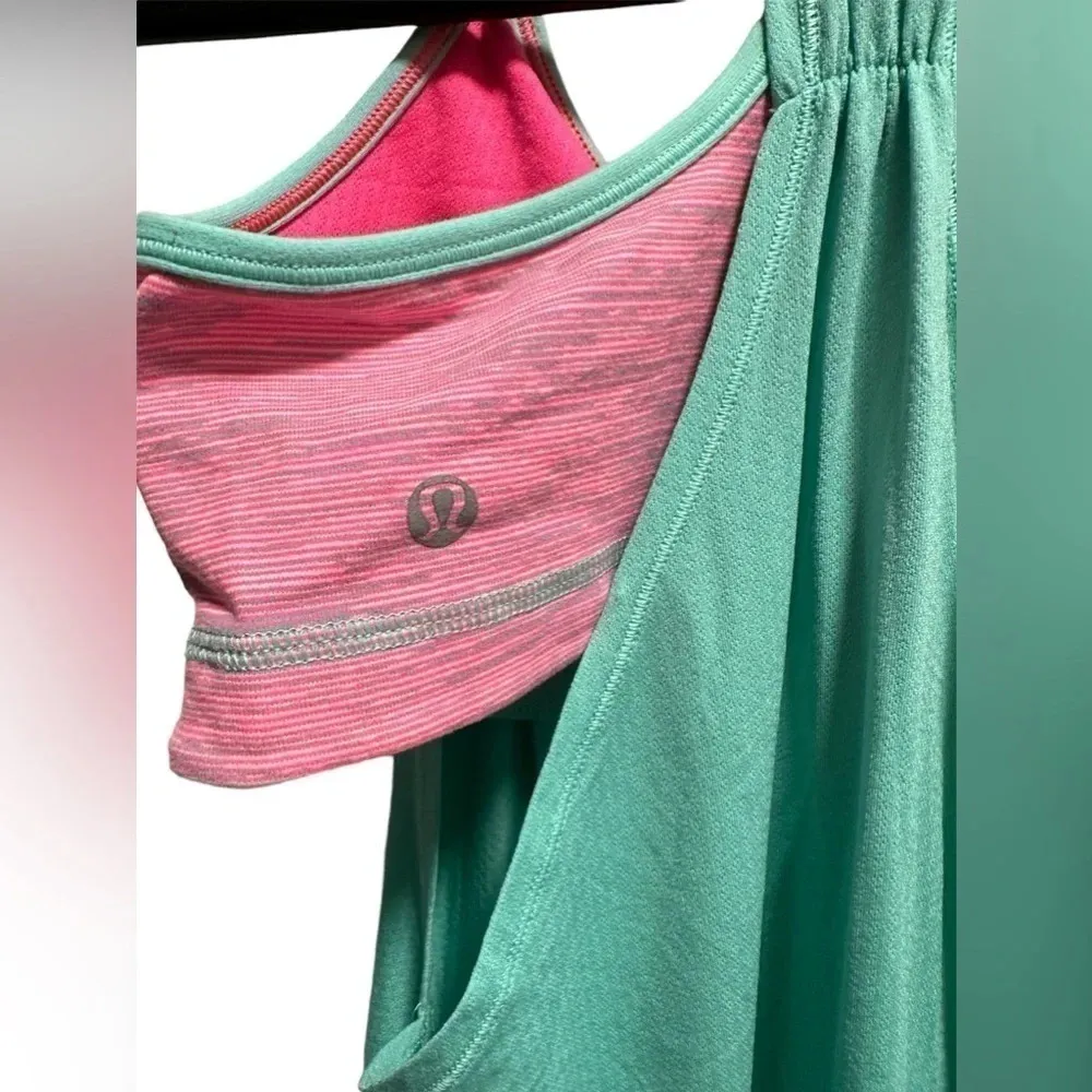 LULULEMON SEA-FOAM GREEN AND PINK TANK TOP WITH BUILT IN BRA - Image 3