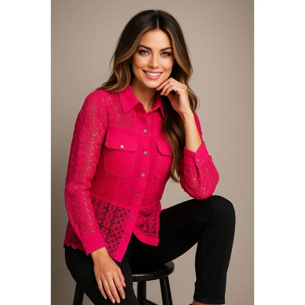 Andree By Unit XL Hot Pink Cotton Lace Shacket Button Front Textured Boho Core - Image 3