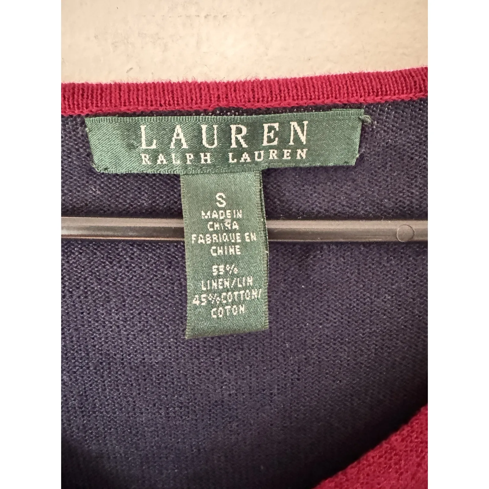Lauren Ralph Lauren Linen Blend Colorblock Long Sleeve V Neck Shirt Womens Small - Image 4
