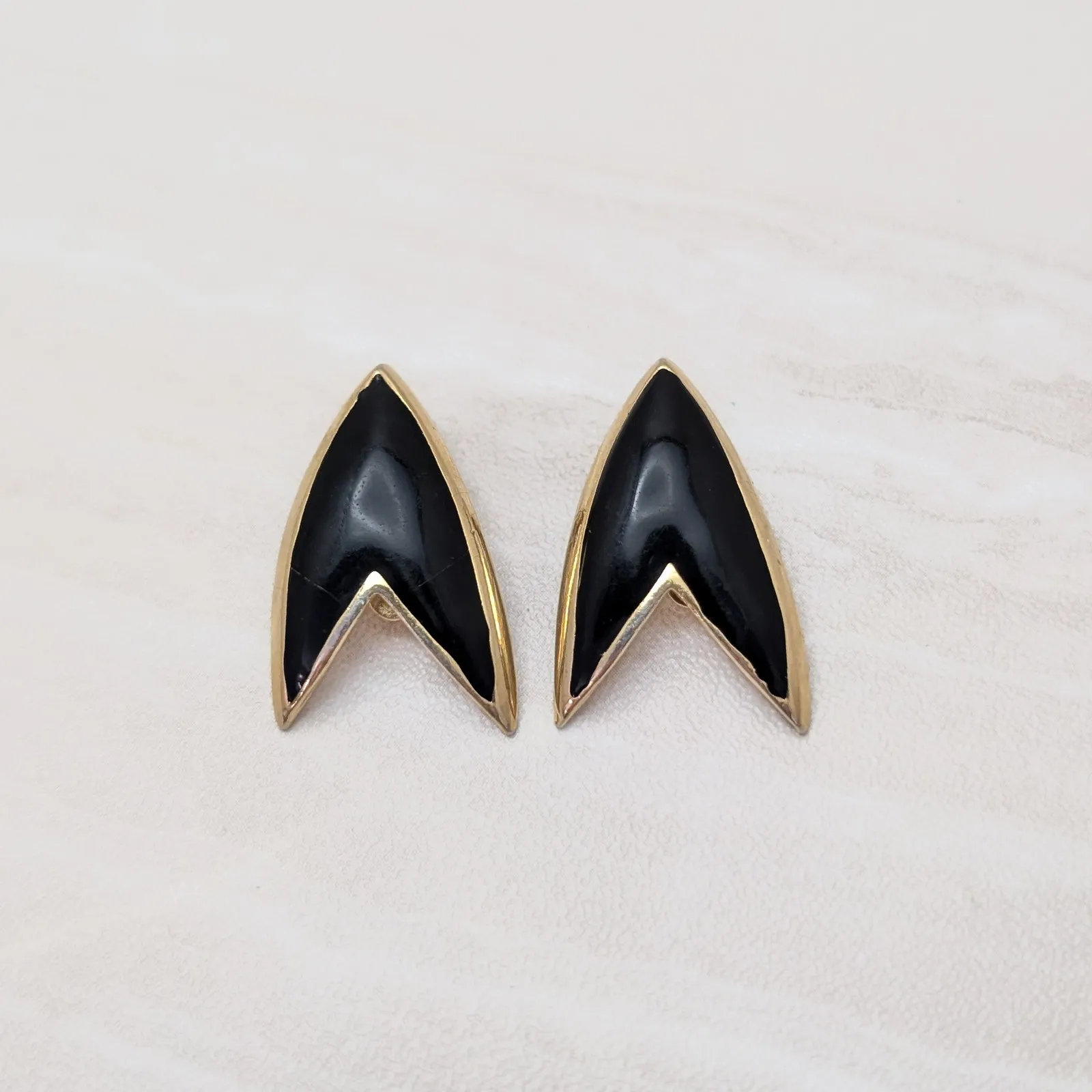 Vintage Clip On Earrings Black & Gold Stylish Retro Statement - Image 2