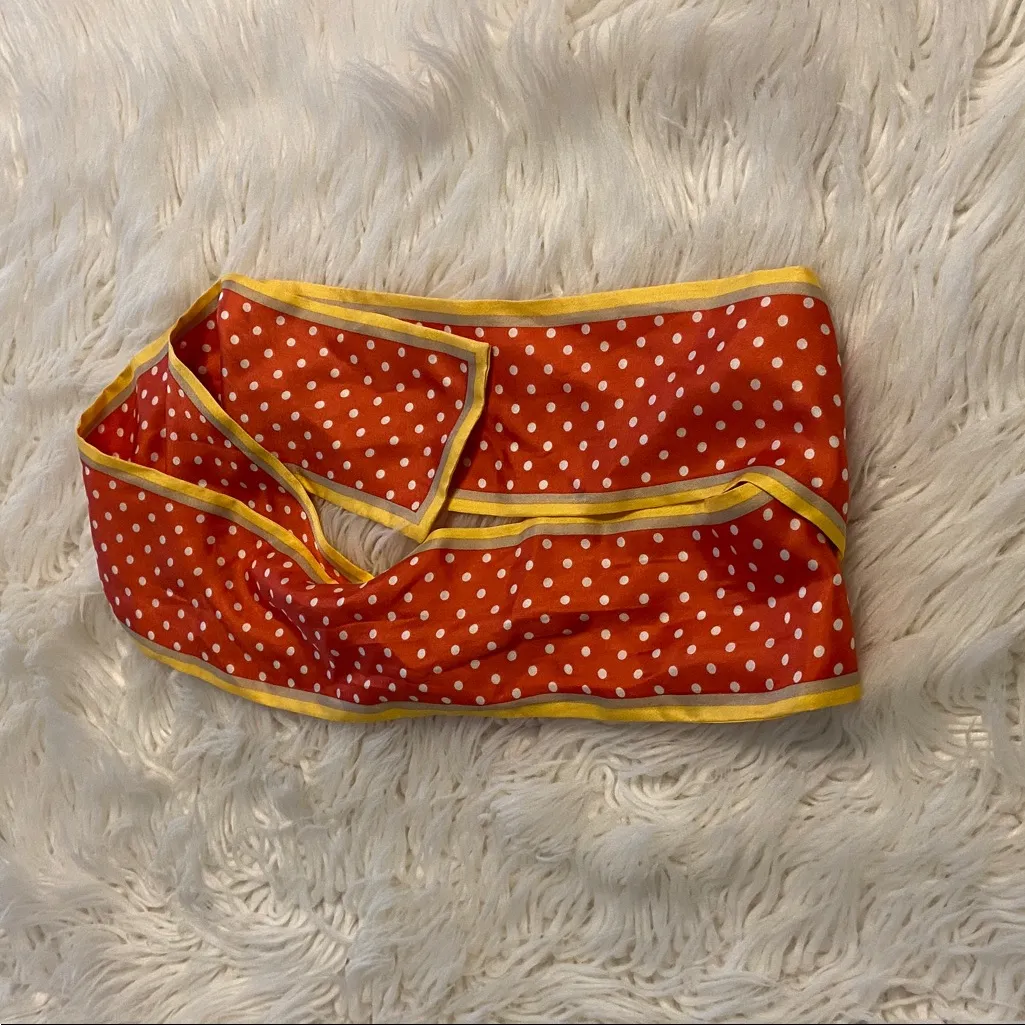 Vibrant Red Polka Dot Scarf with Yellow Edging 100% silk length 65” wide 4” Orange - Image 5