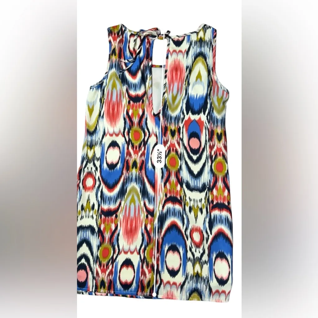 Peach Love‎ Cream Ikat Colorful Sleeveless Keyhole Shift Dress MEDIUM Geometric - Image 8
