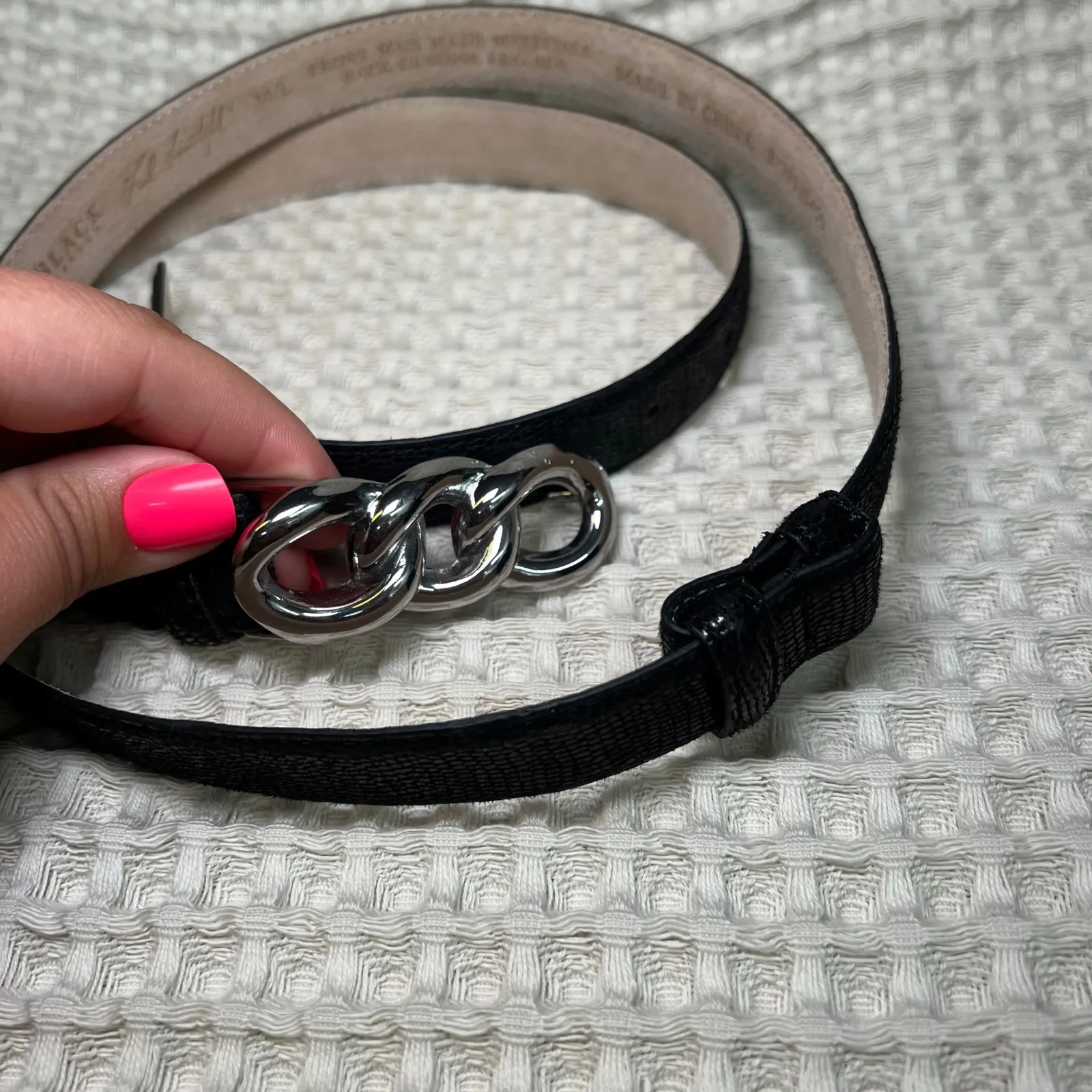 White House‎ Black Market Belt Medium/Large Black Silver Chain Accent - Image 4