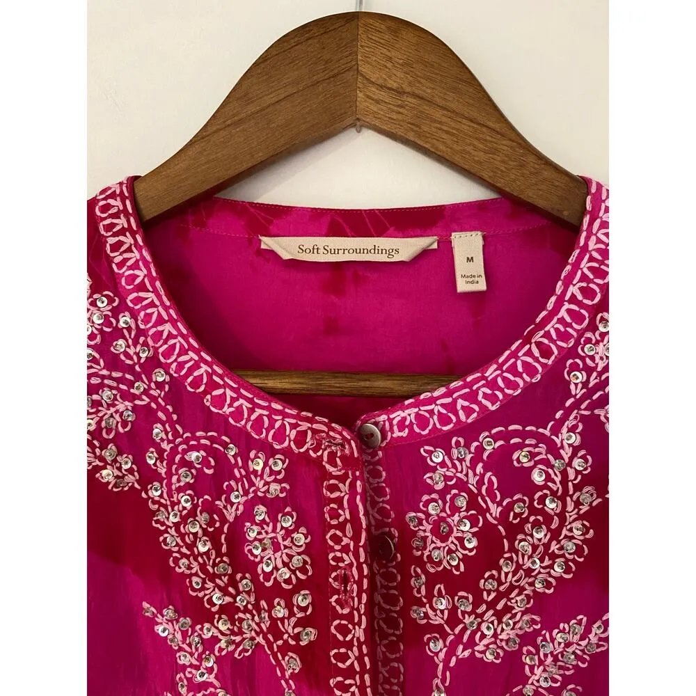 Soft Surroundings Hibiscus Lagoon Boho 100% Silk Blouse Hot Pink Red Fuschia M - Image 6