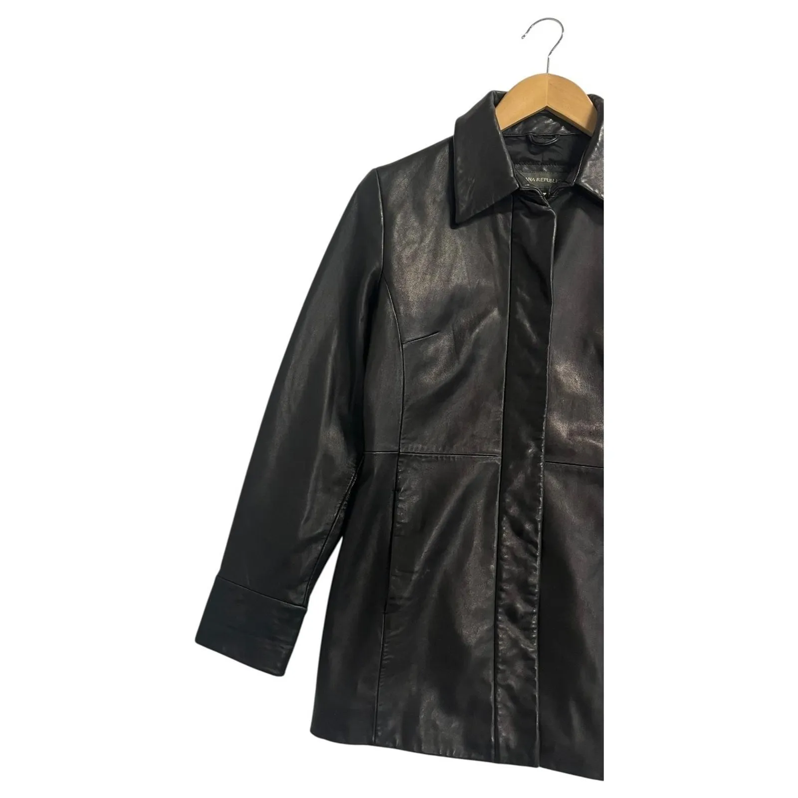 VTG Banana Republic Jacket Womens Medium Black Leather Butter Soft Moto Coat Y2K - Image 5
