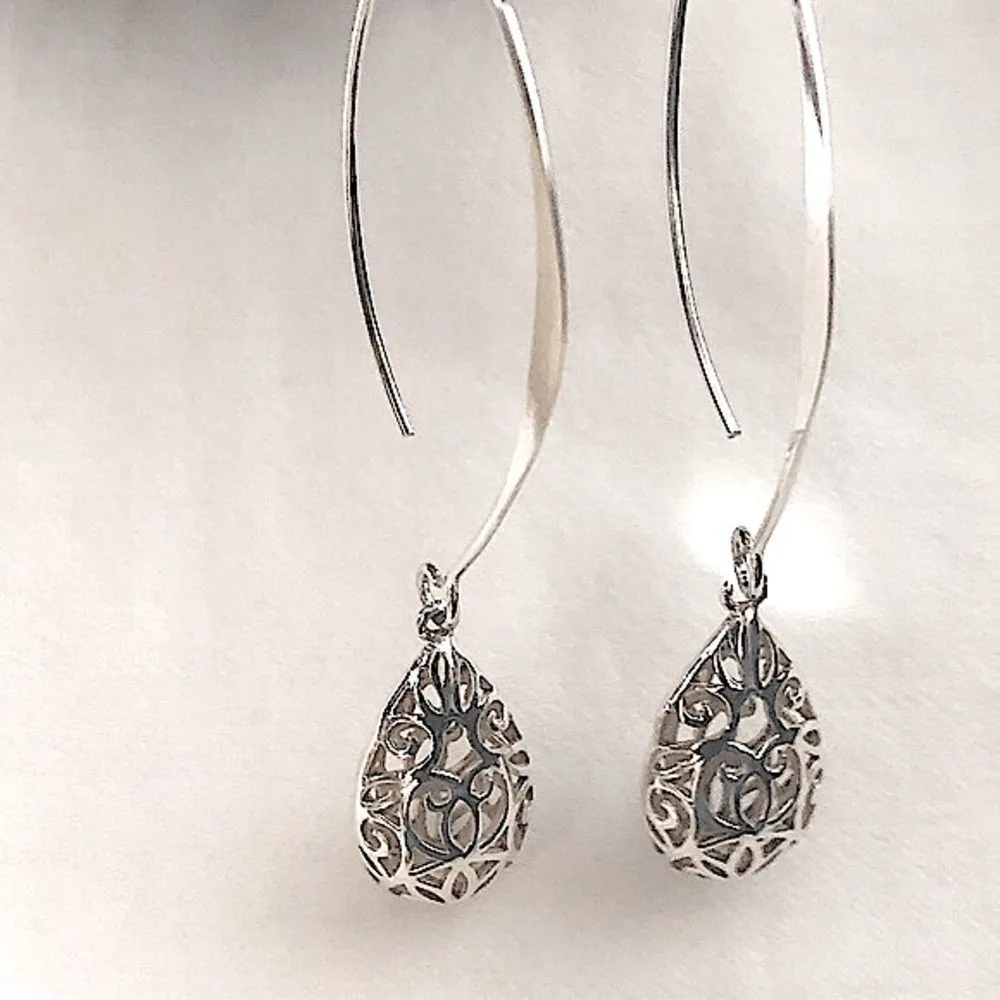 VINTAGE Sterling Silver Drop Filigree Scroll Cutout Dangle Earrings - Image 2
