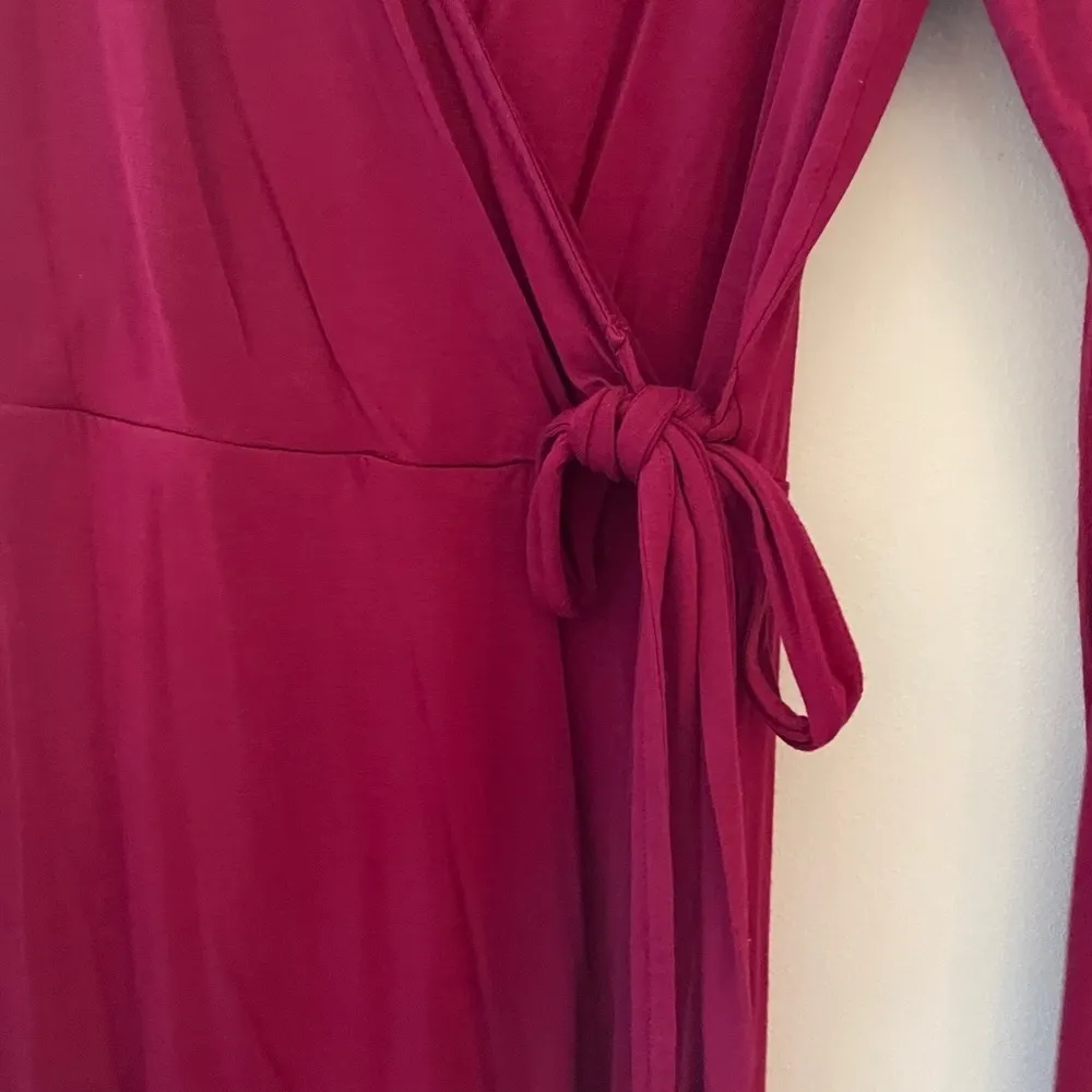 S- Ruby Red Express Wraparound Midi Semi-Formal V-Neck Dress - Image 5