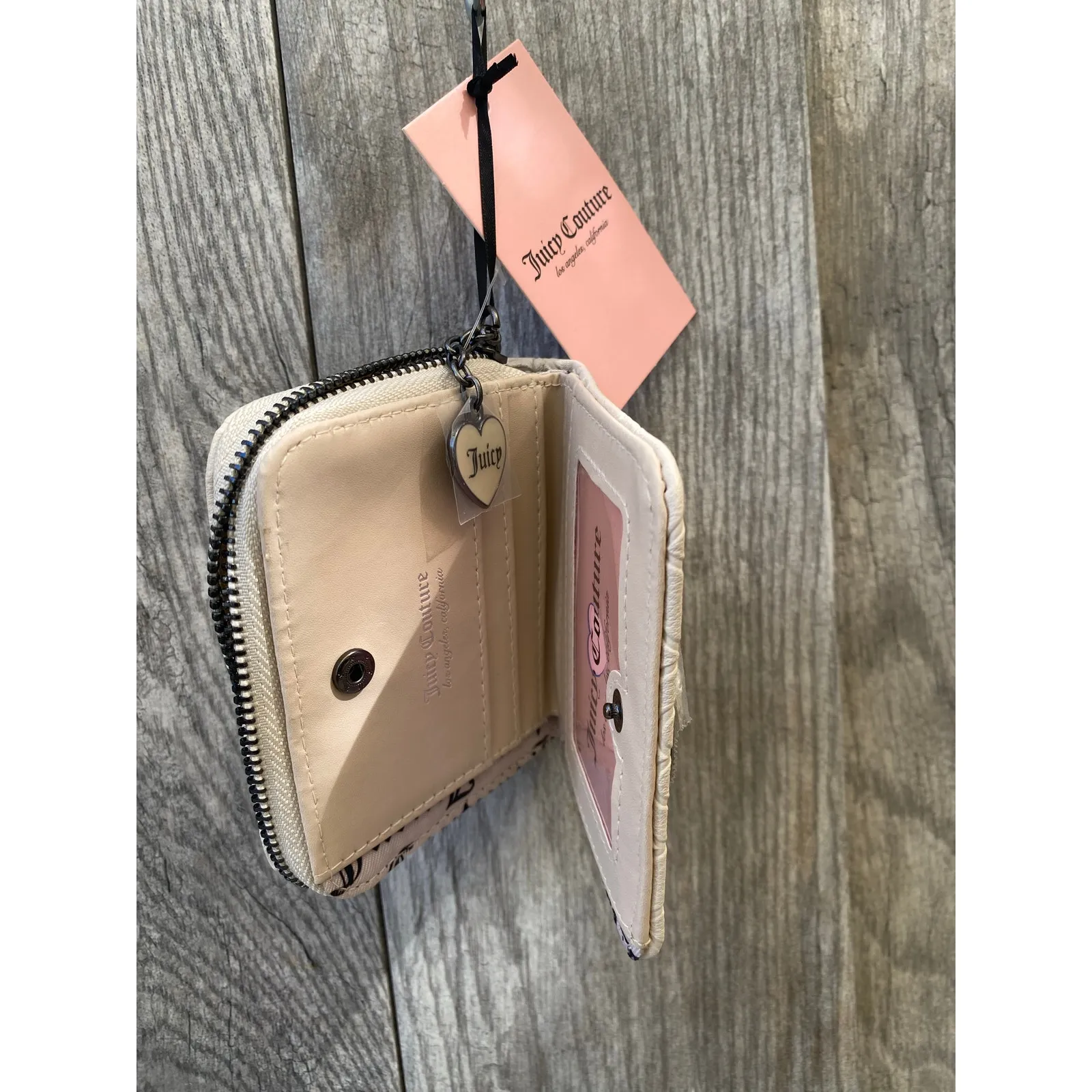 Juicy Couture Zip Wallet Cream Faux Leather Heart Charm Logo Embossed - Image 5