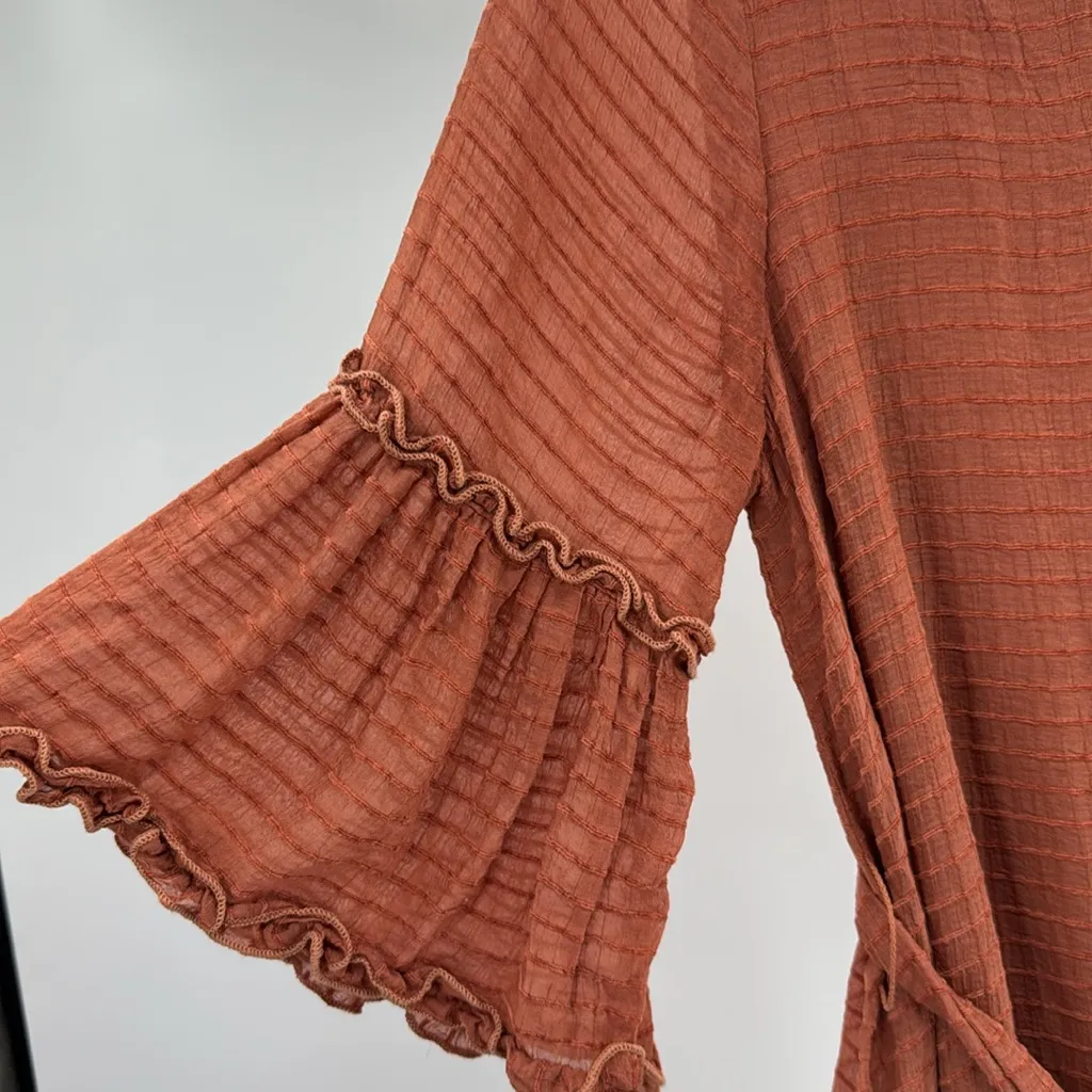 Entro Terracotta V-Neck textured tiered lined Dress S rust puff long sleeve - Image 7