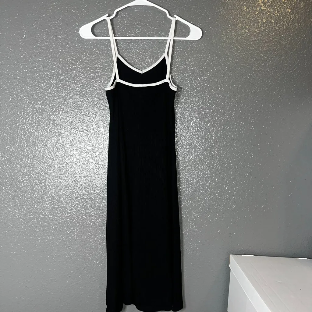 Women’s Black Ribbed Midi Slip Dress Size S White Trim Spaghetti Strap Casual Mi - Image 4