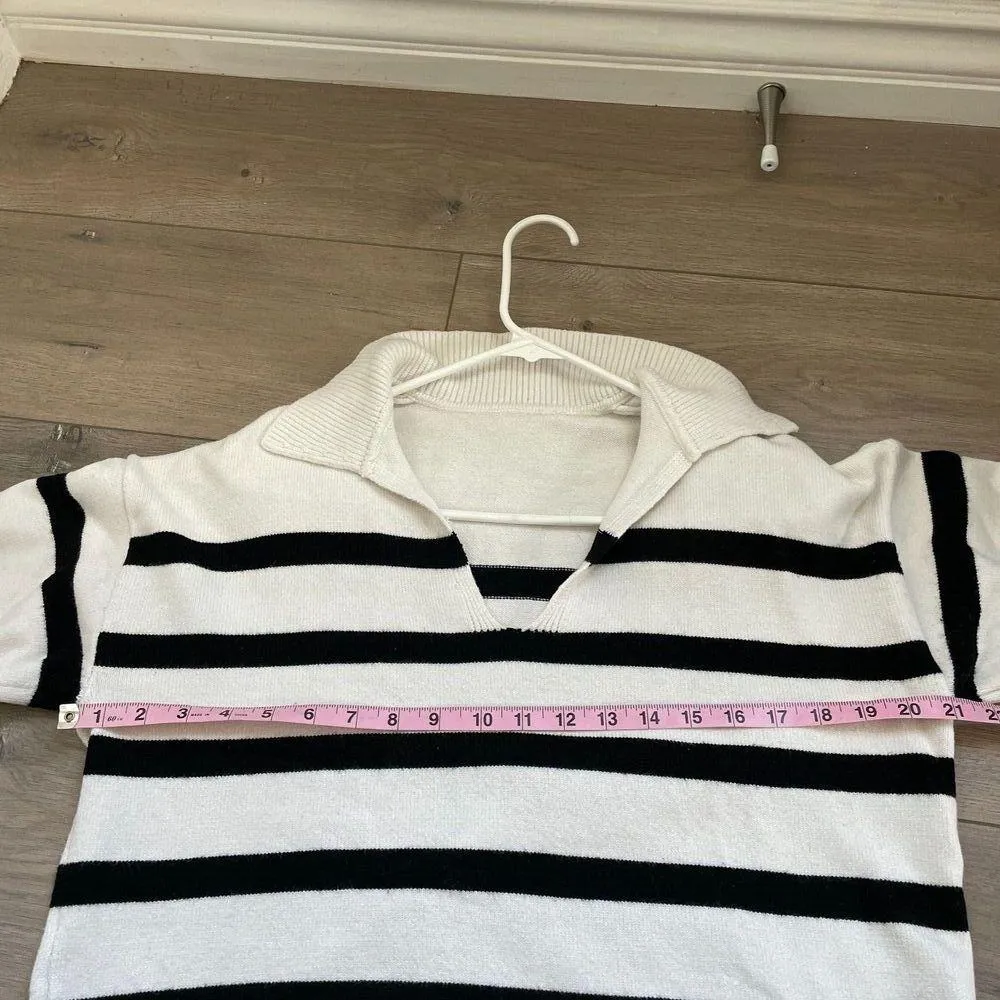BERSHKA White Navy Blue Striped V Neck Sweater Sailor Summer Size M womens - Image 3