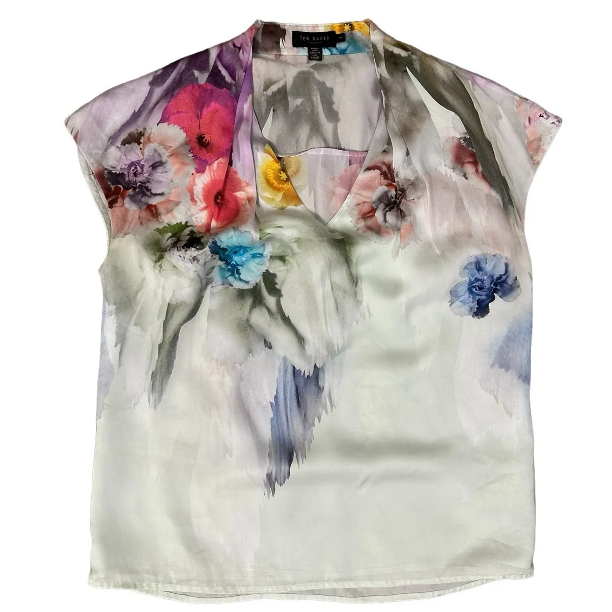 Ted Baker Pink & Gray Floral V Neck Short Sleeve Blouse size Small - Image 2