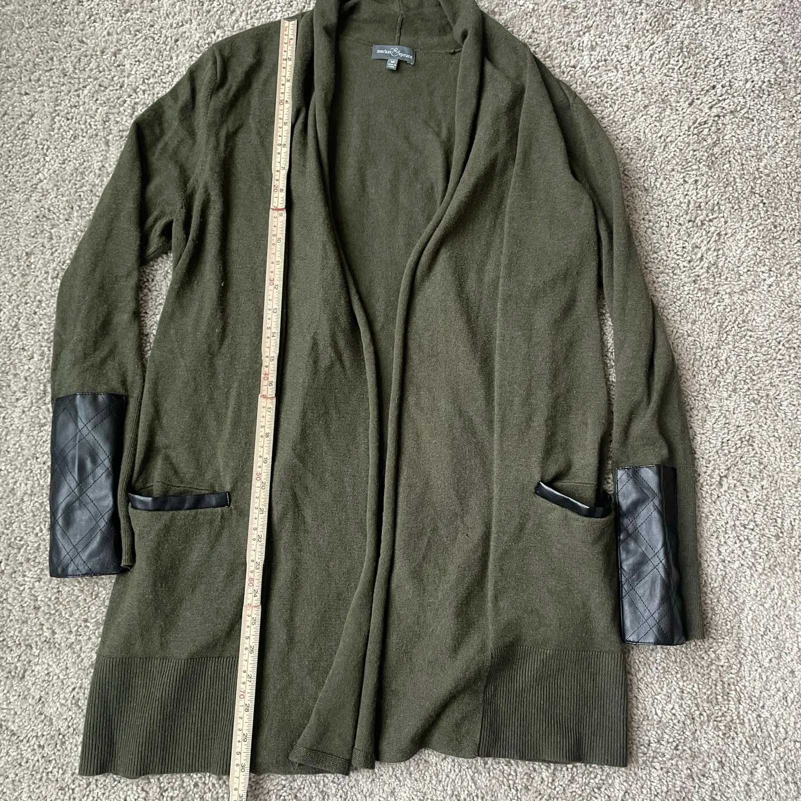 Market & Spruce M olive cardigan with faux leather detail on pockets and cuffs - Image 7