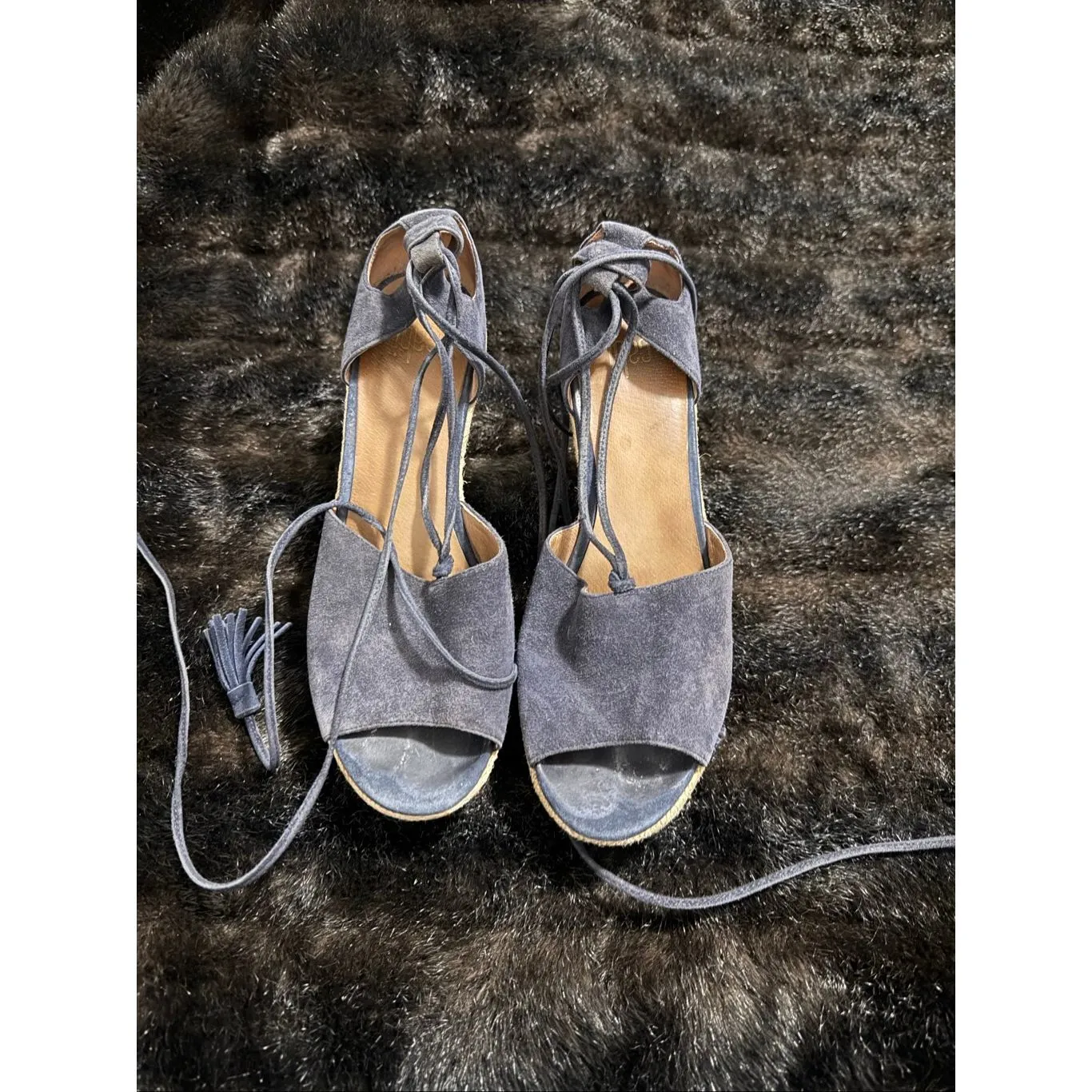 Cabi 6001 Navy Blue Suede Isla Tassel Ankle Tie Espadrille Wedges Size 7 - Image 2