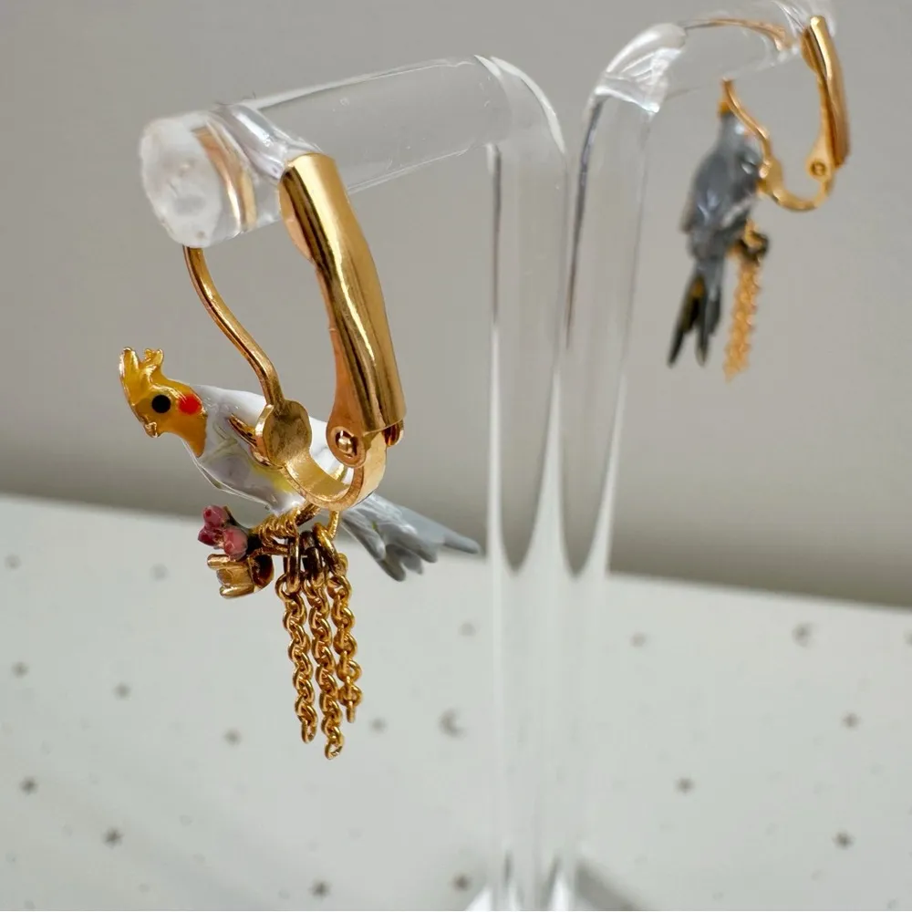 Les Nereides Loves Animals Duo of Cockatiels and Rosebuds Sleeper Earrings White - Image 2