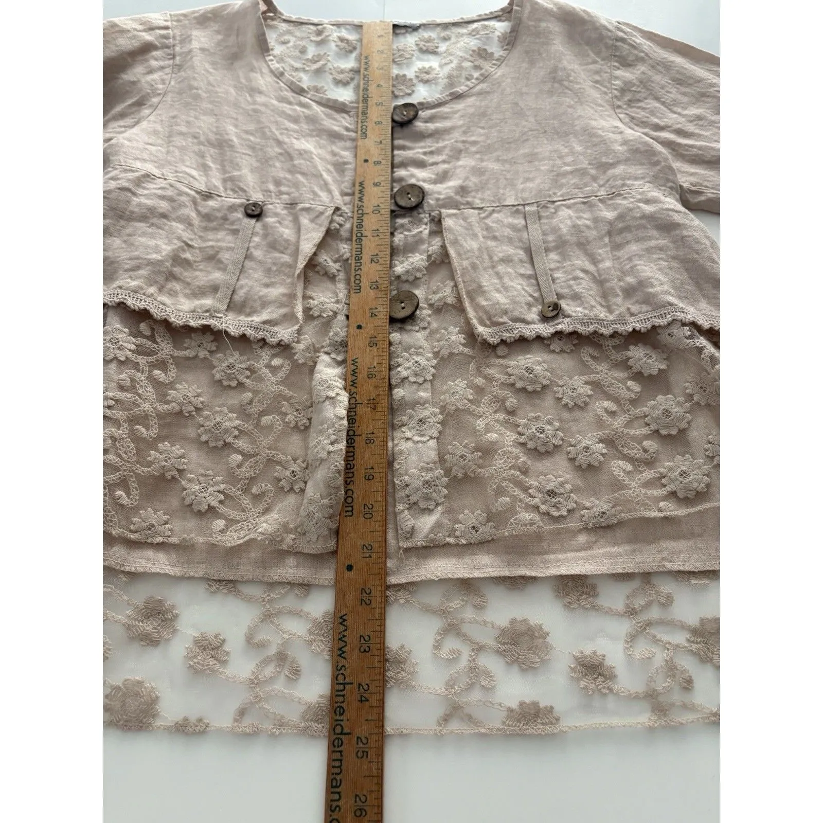 Linen Blouse Jacket Womens XL Blush Pink Lace Detail Boho Fairy Whimsy Coquette - Image 7