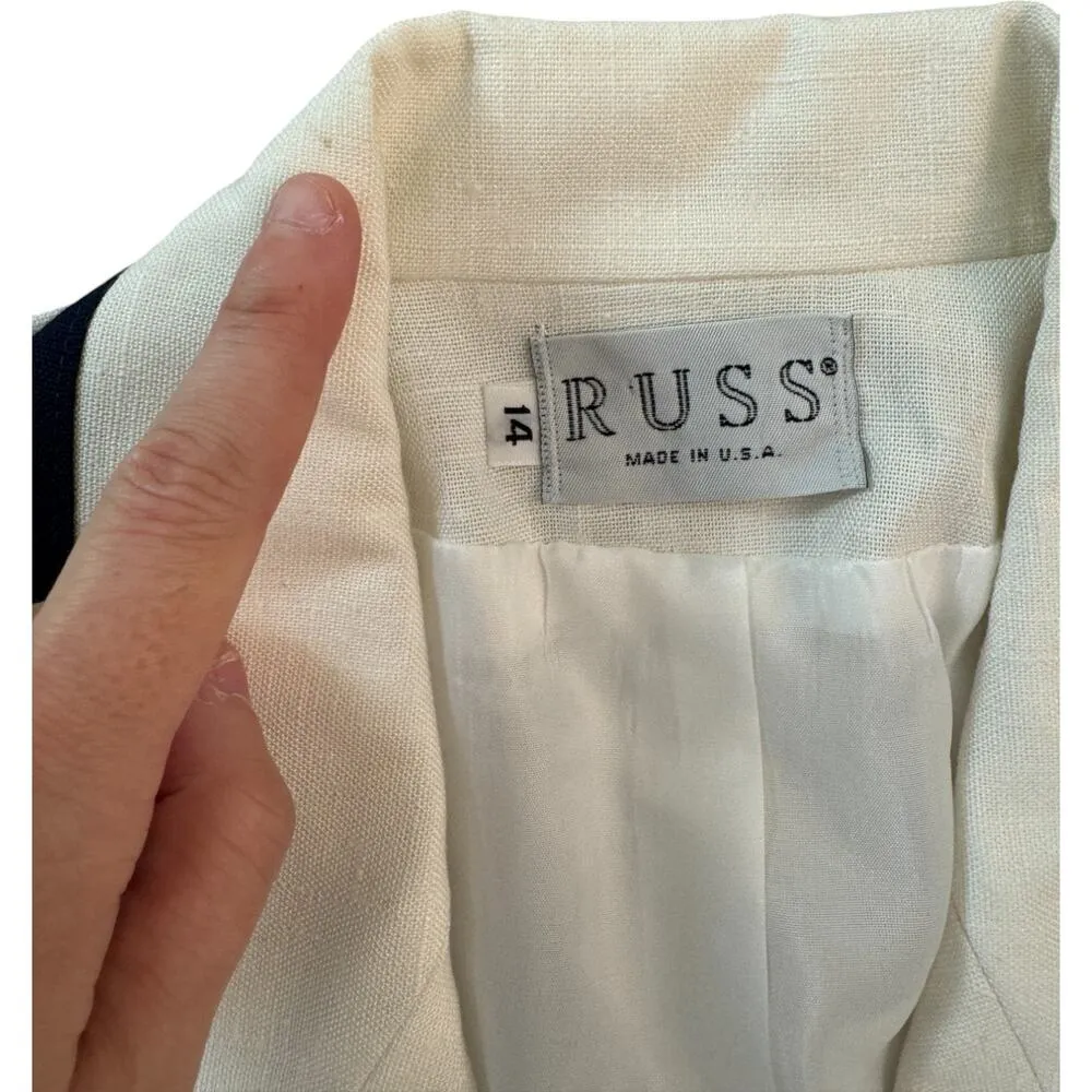 Vintage Russ Womens 2 Piece Blazer Skirt Set White Navy Sie 14 Business Casual - Image 7