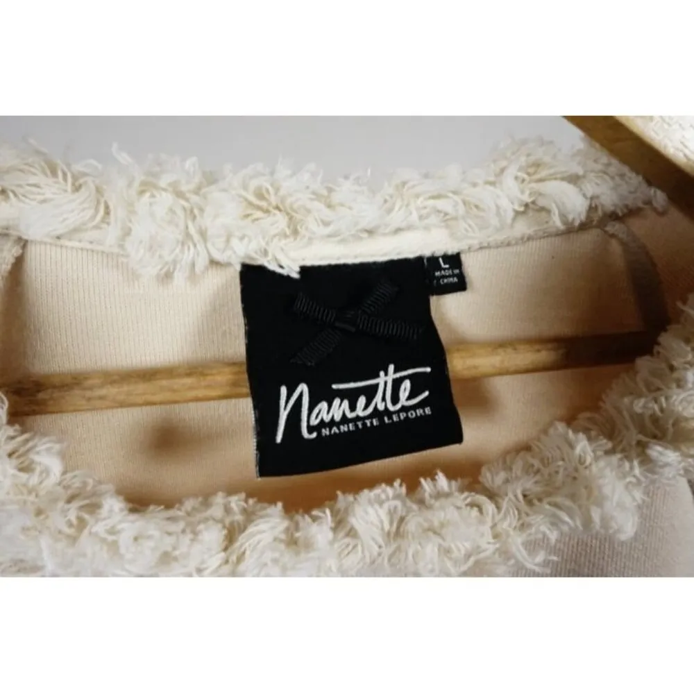 NANETTE LEPORE Fringe Trim Studded Sleeves Pullover Sweater Size Large Natural - Image 5