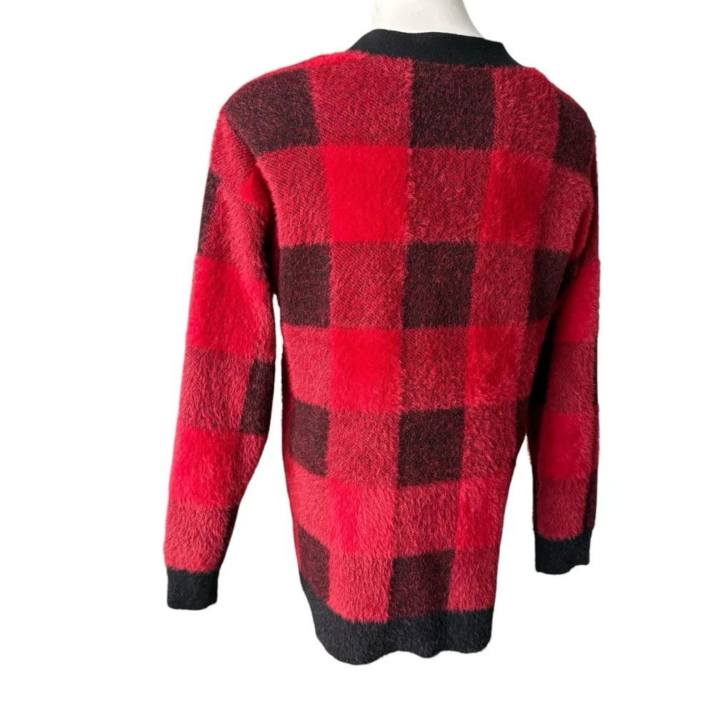 Cyrus Red/ Black Buffalo Plaid Button Down Fuzzy Cardigan Sweater, Sz S - Image 6