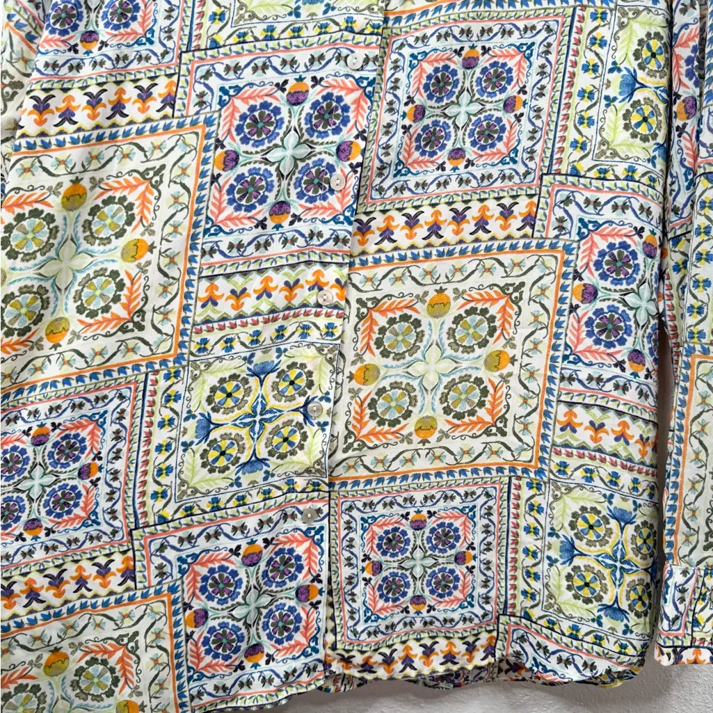 Rose + Olive Blouse Womens XL Multicolor Italian Tile Mosaic Button Front - Image 4