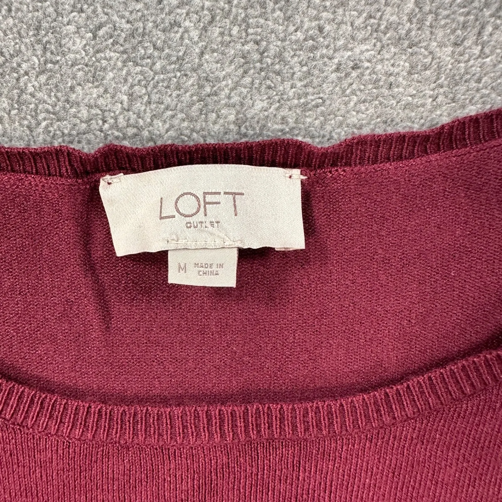 LOFT Outlet Burgundy Lace Sleeve Sweater Top Women's Medium Knit Crew Neck - Image 3