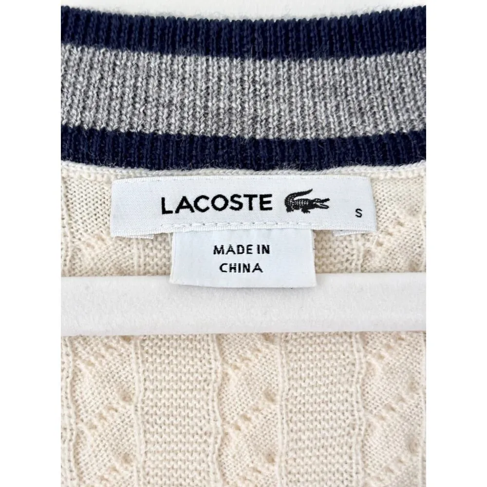 Lacoste Long Sleeve V-Neck Cable Knit Pullover Sweater Cream Women's Size S - Image 3
