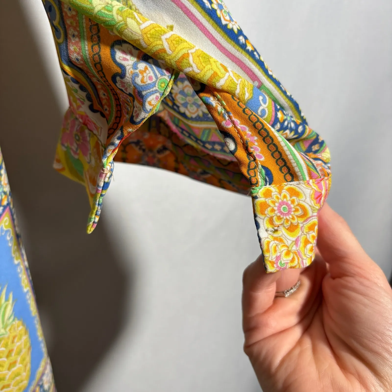 Rose Olive Tropical Fruit Floral Print Button Down Shirt Women's 1X Colorful Yellow - Image 4