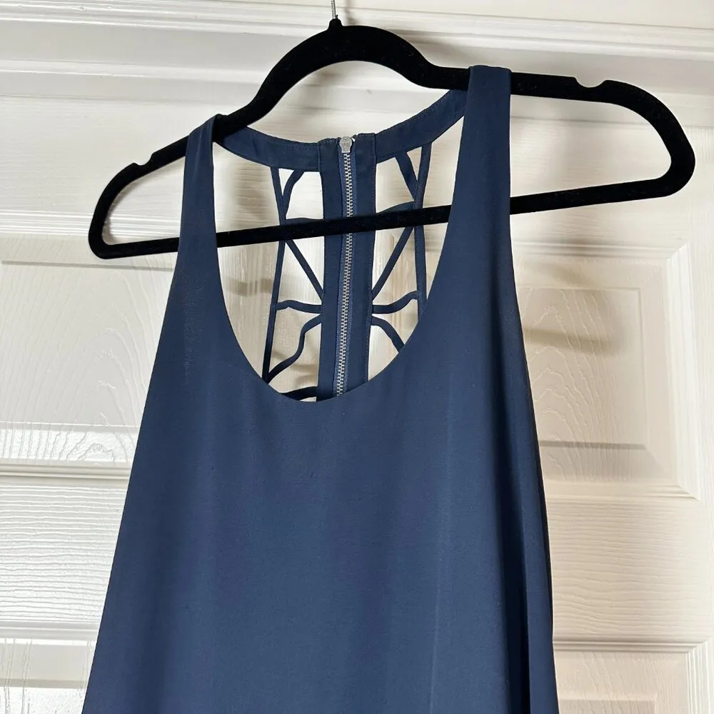 BCBG Paris Navy A Line Swing Dress w Ladderback Detail Handkerchief Hem Size 6 Blue - Image 6