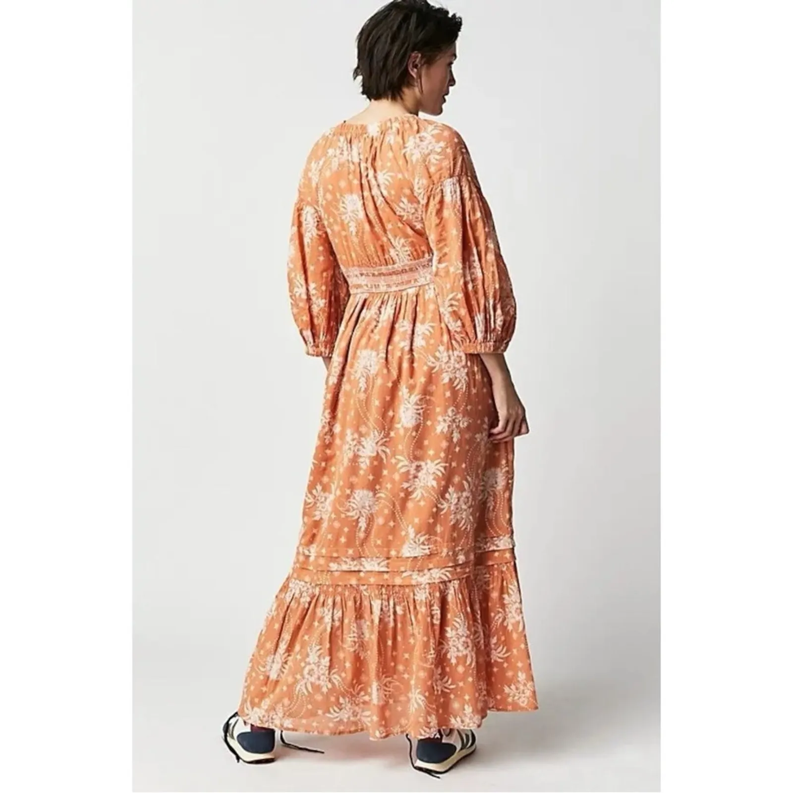 Free People Golden Hour Maxi Dress Bohemian Floral Dainty Tan Neutral Large - Image 5