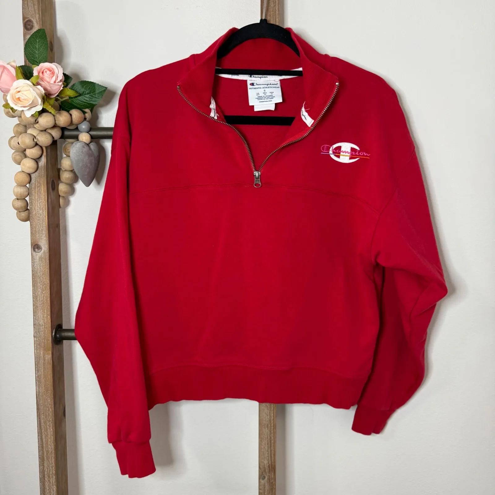 Champion Red Quarter Zip Sweatshirt Logo Athletic Pullover Top Women Small - Image 2