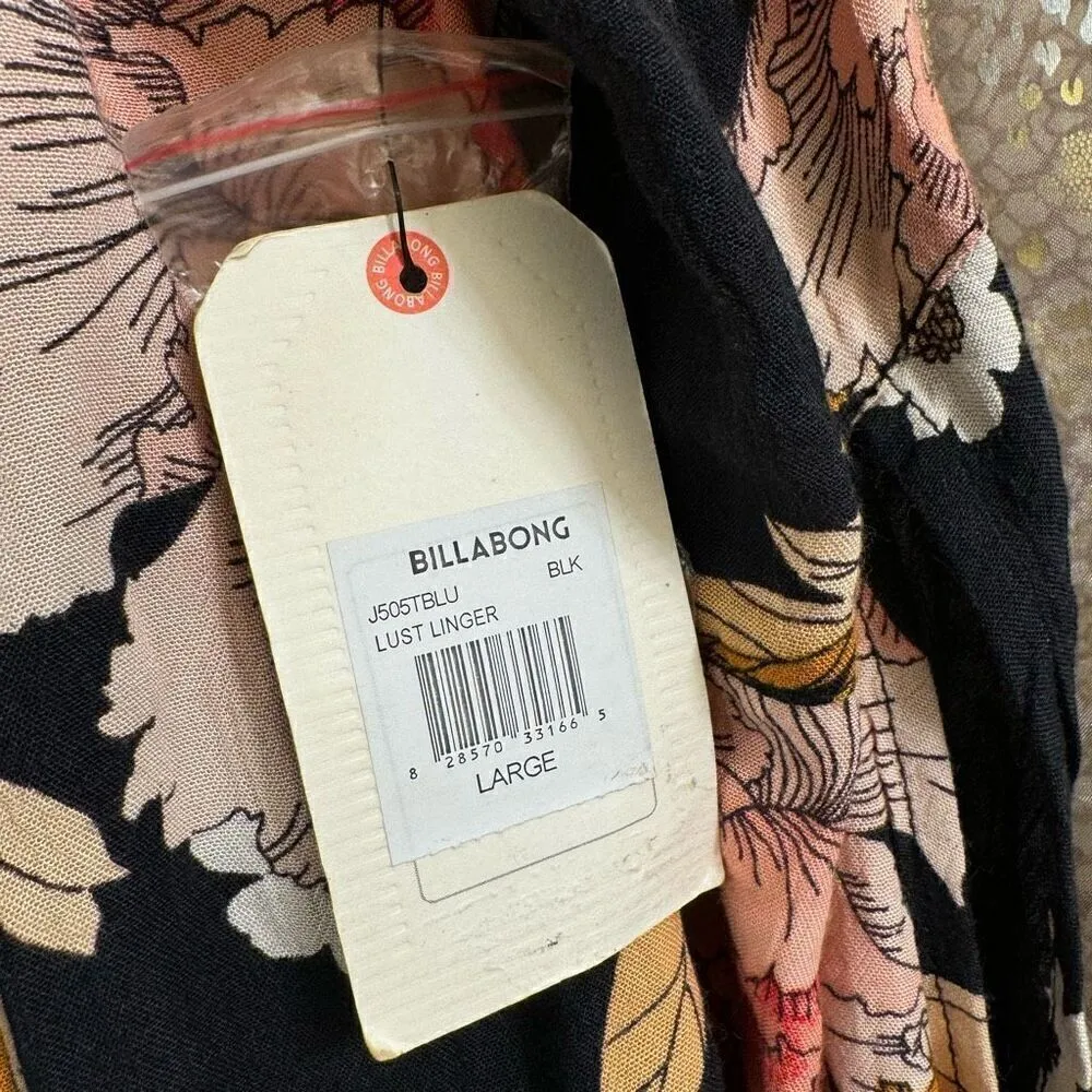 Billabong Lust Linger Black Pink Floral Long Bell Sleeve Tie Neck Top NWT - Image 4