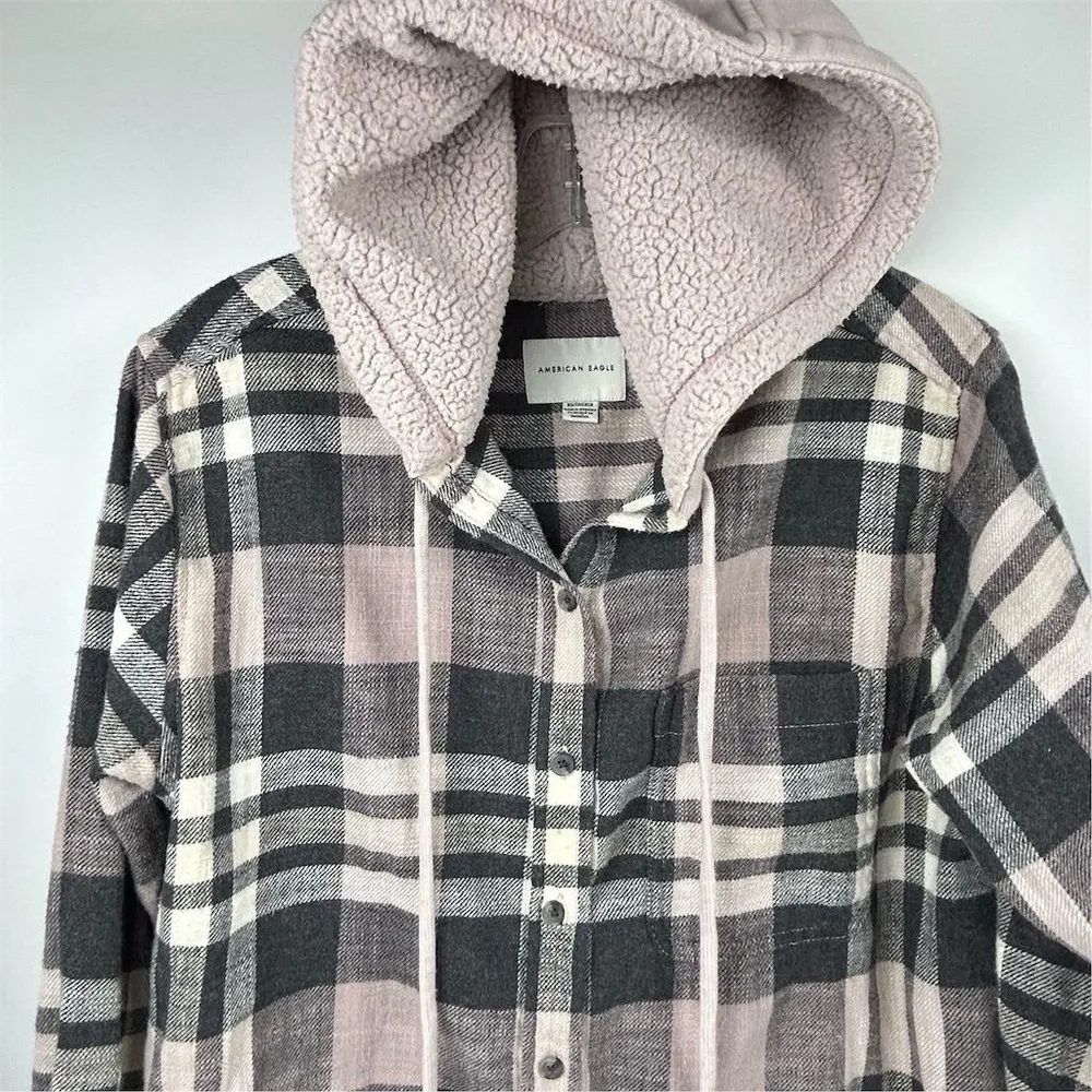 American Eagle XS Plaid Flannel Hooded Button-Up Shirt Multicolor - Image 2