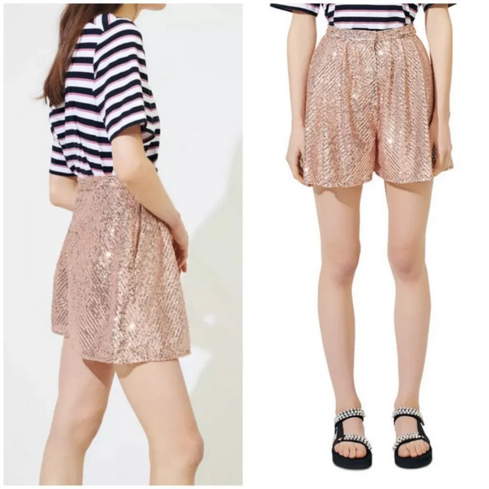 💕MAJE💕 Paillette Pleated Sequined Tulle Shorts High Rise ~ Metal Pink 34 NWT - Image 3