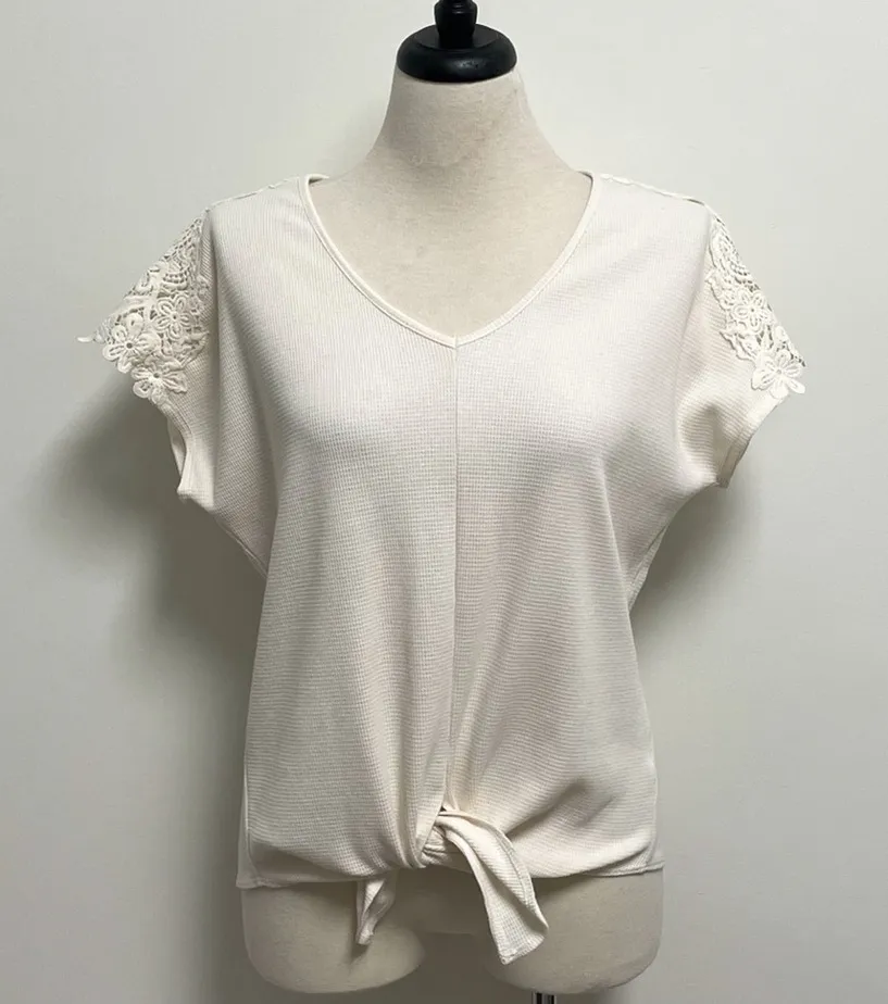 Harper Heritage Ivory Waffle Knit Lace Cap Sleeve Front Tie Medium Oversized - Image 1