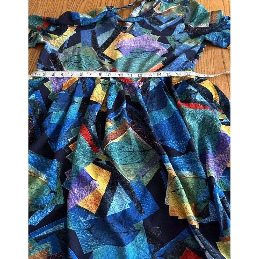 Jodifl Dress Aztec Print Blue Multi-Color Bell Sleeve Cut Out Back Resort Wear M - Image 12