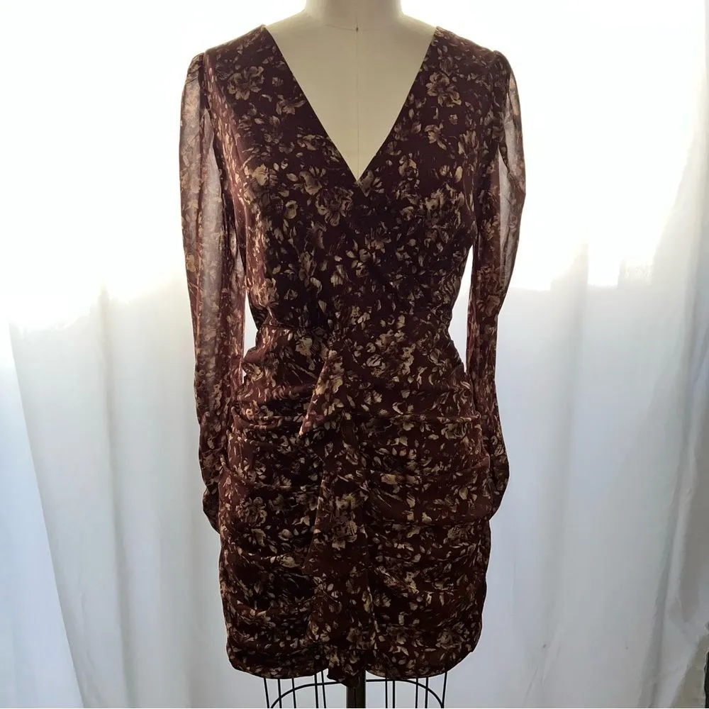 Save The Label Aura Beige/Brown Base Abstract Print Ruched Long Sleeve Dress-M - Image 4