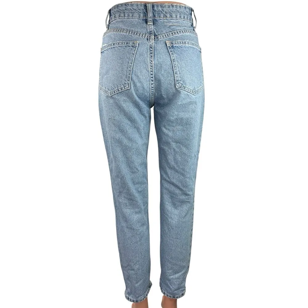 ZARA Women's Blue Denim High Rise Distressed Ripped Casual Tapered Jeans Size 2 - Image 3