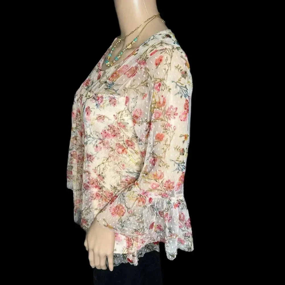 ANGIE Cottage Floral Blouse Pink Top Lace Bell Sleeve Blouse Women’s Small Shirt - Image 4