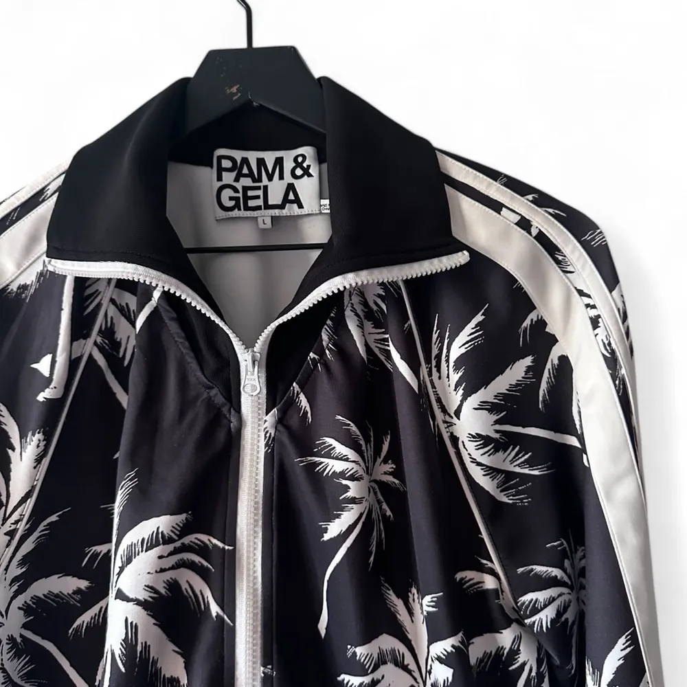 Pam & Gela Palm Tree Stand Collar Track Jacket Women's L Black & White - Image 6