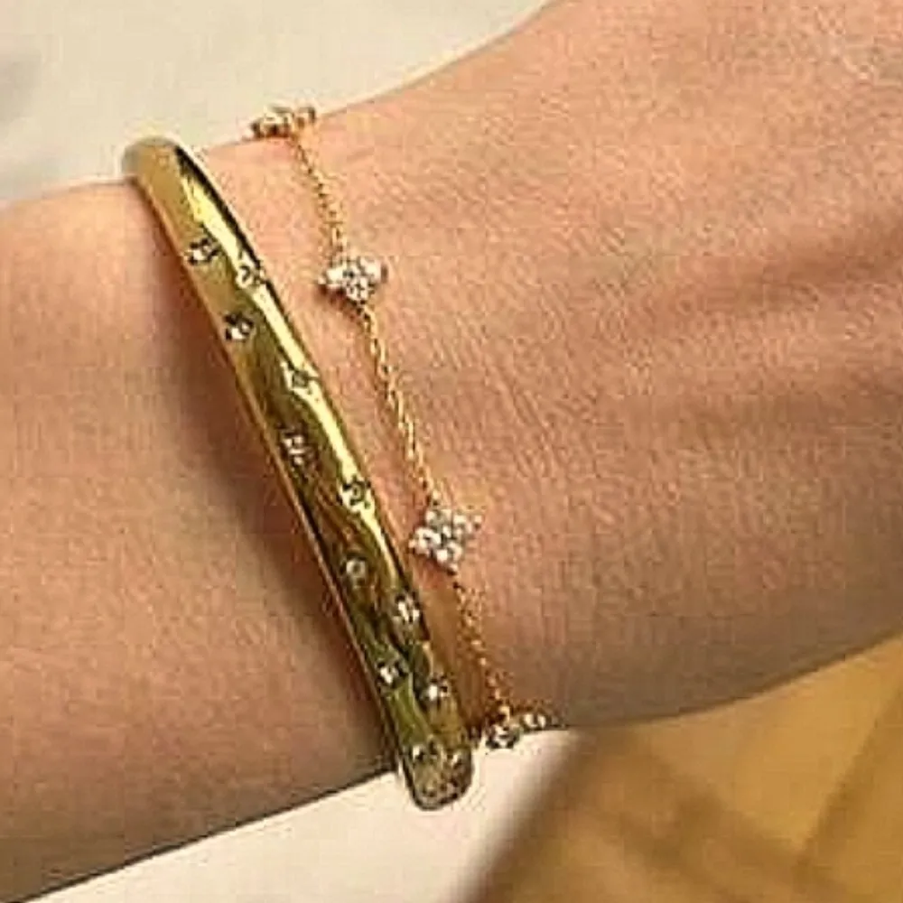 NEW Heavy 18k Gold Simulated Diamond Stars Bangle Cuff Bracelet Sz‎ Adjustable - Image 2